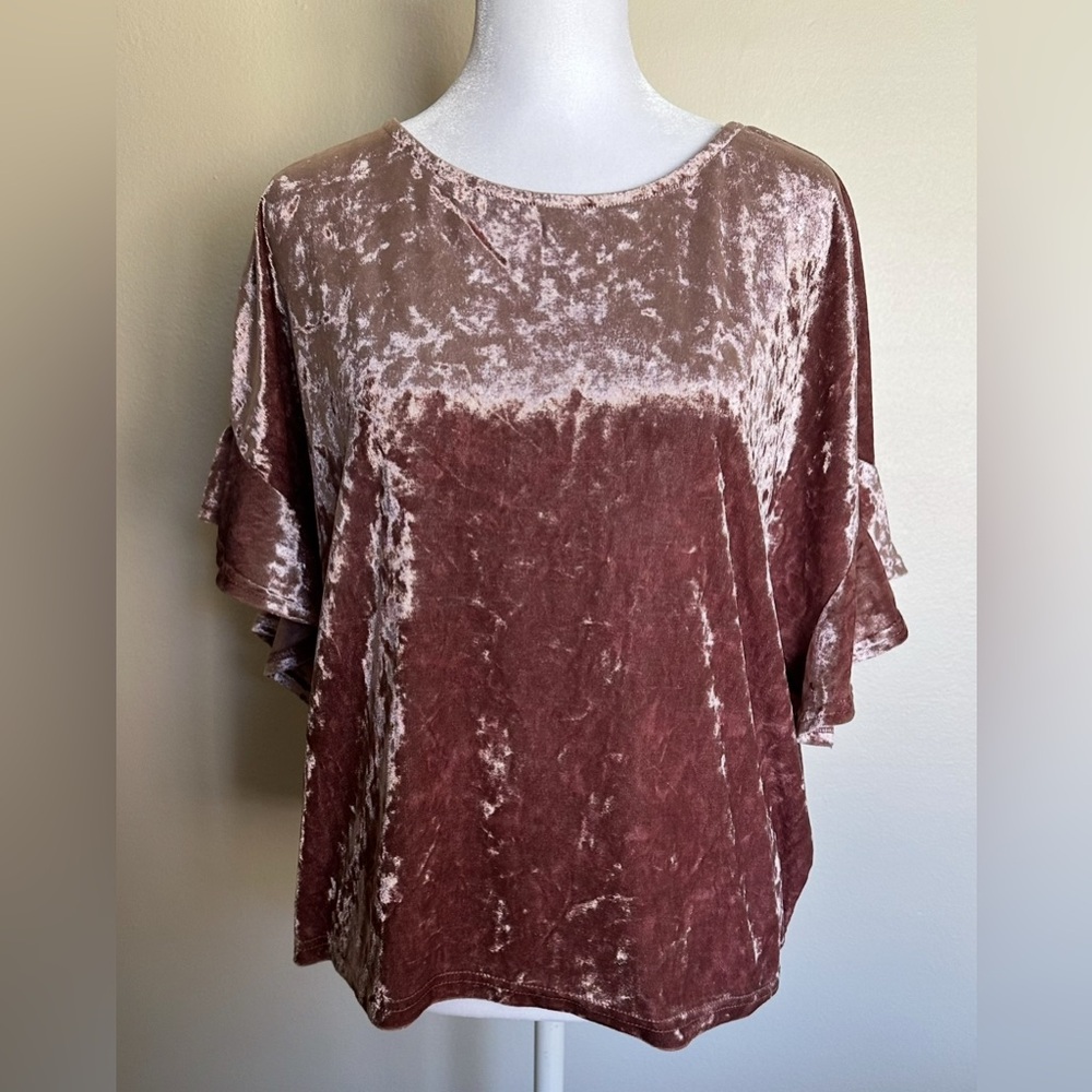 Women’s Large Blush Pink Crushed Velour Flutter Sleeve Short Sleeve Top